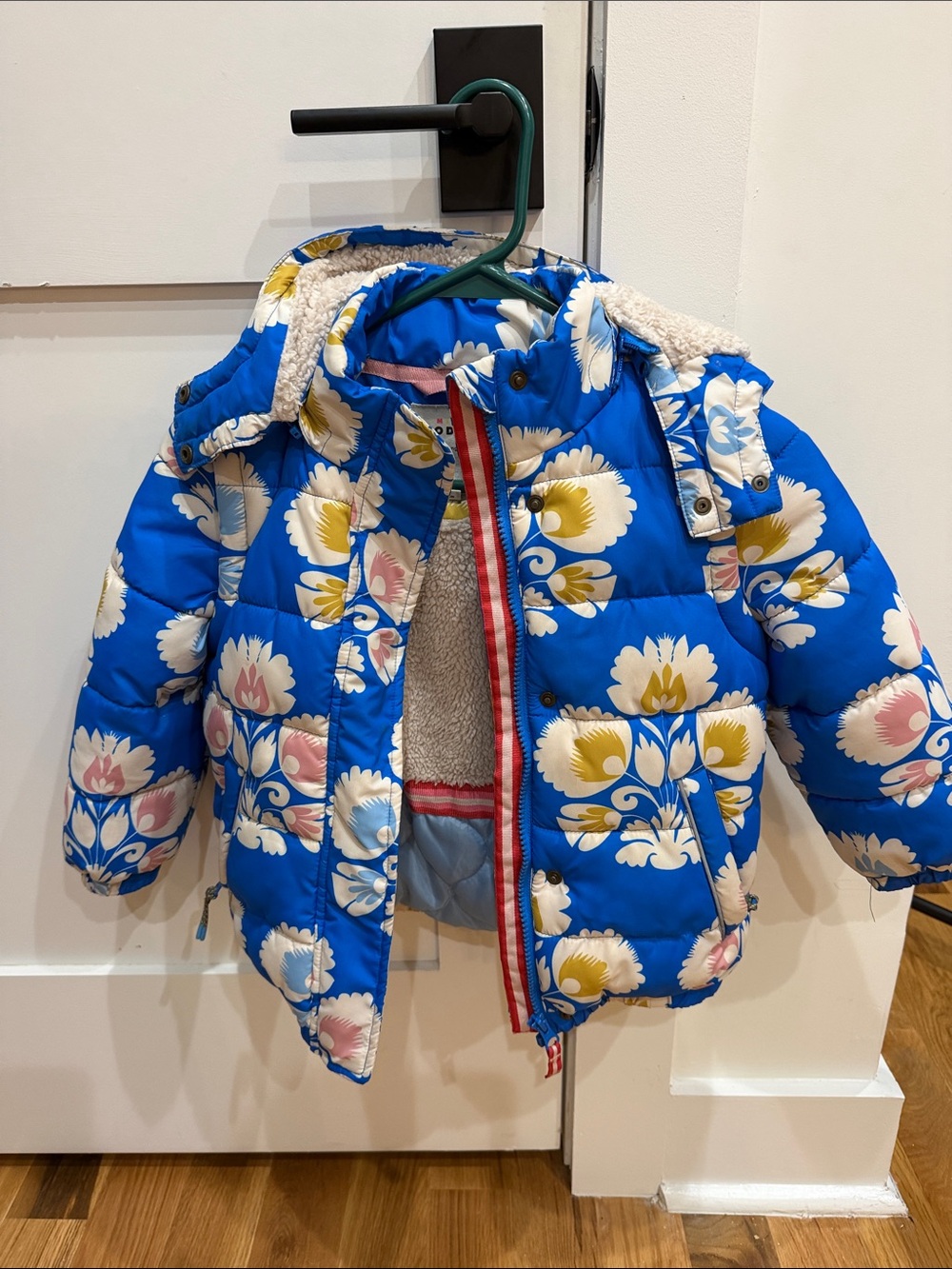 Girls' Blue Floral Puffer Jacket with Sherpa Lining